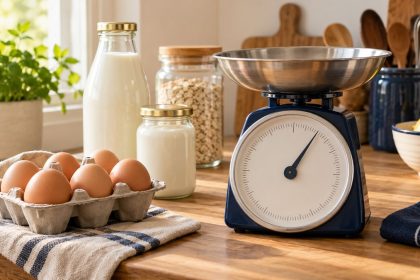 Etiketsiz şişeler, yumurta kutusu ve mutfak terazisi.