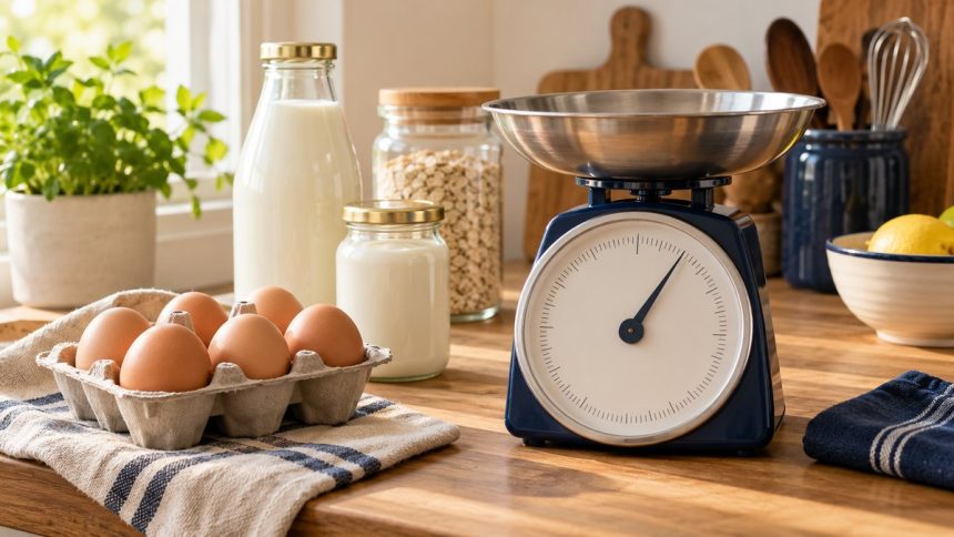 Etiketsiz şişeler, yumurta kutusu ve mutfak terazisi.