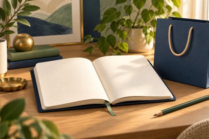 Alışveriş gözlemini simgeleyen açık günlük, kalem ve kapalı alışveriş çantası.