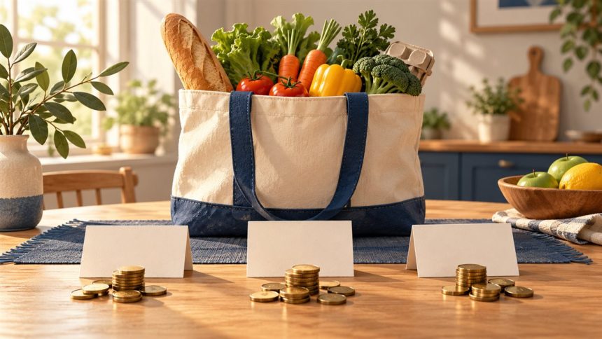 Ortak alışveriş paylarını simgeleyen market çantası, üç kart ve ayrılmış paralar.